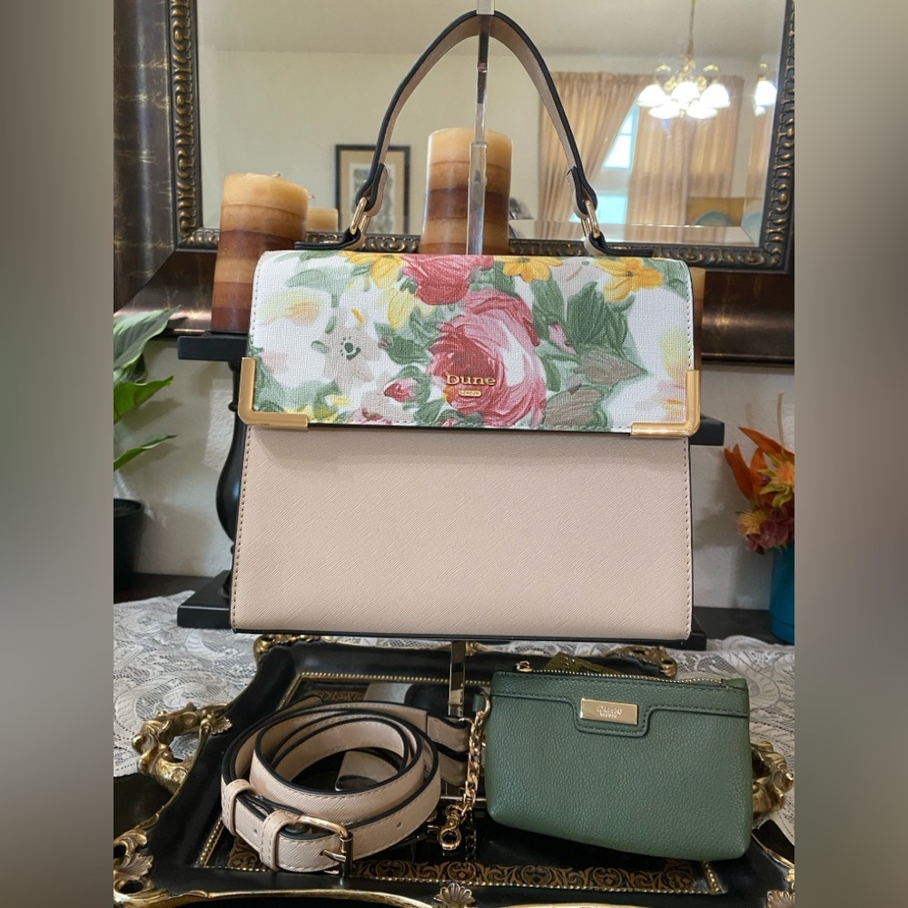 Dune London Satchel Purse Tote Blush Pink Watercolor Floral, w/accessories
Small